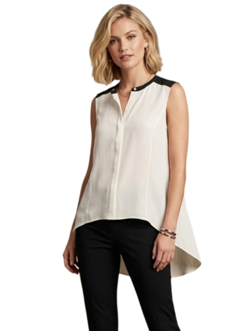 RAG & BONE Off White & Black High Low Split Tail Button Down Sleeveless Shirt